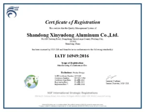 IATF 16949 Automotive Quality Management System Certificate issued to Yoverd Aluminium (SHANDONG XINYUDONG ALUMINIUM CO., LTD) for Aluminium Extrusion Profiles used in automotive industry – Official IATF 16949 certification