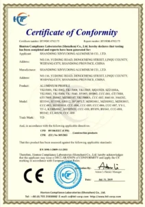 CE Certificate of Conformity for Aluminium Extrusion Profiles issued to Yoverd Aluminium (SHANDONG XINYUDONG ALUMINIUM CO., LTD) by Honton Compliance Laboratories – Official CE marking for Building Materials and Construction applications