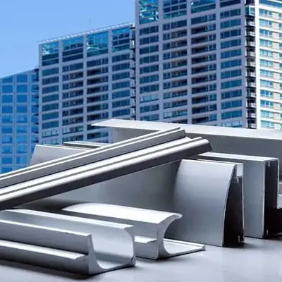 Modern high-rise buildings showcasing Construction & Architecture applications of Aluminum Extrusion Profiles with glass facades, curtain walls and structural aluminum components
