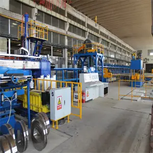Aluminum Extrusion production process in modern factory showing heavy-duty extrusion machines, conveyor systems and aluminum coils for high-volume Building Materials and Construction Aluminum Profiles manufacturing