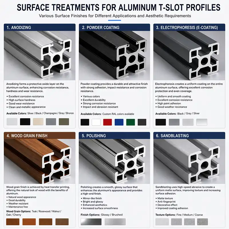 Various surface finishing treatments for aluminum T-slot extrusion profiles including anodizing, powder coating, electrophoresis, wood grain finish, polishing and sandblasting by Yoverd Aluminium
