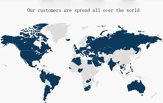 World map showing our customers are spread all over the world, highlighted in dark blue across North America, Europe, Asia, Africa, South America and Australia for aluminum casement windows and doors