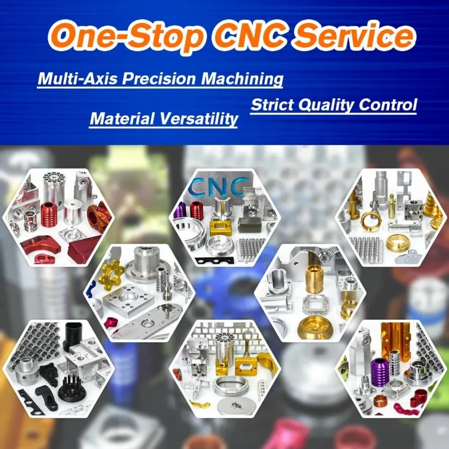 High-Precision CNC Machined Aluminum Parts by Shandong Yoverd Aluminum: One-Stop CNC Service showcasing multi-axis precision machining, material versatility and strict quality control with various custom aluminum components including plates, profiles, gears, cylinders and complex parts in red, gold, purple and silver finishes