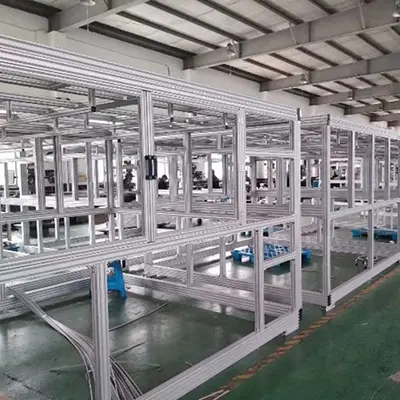 Large-scale custom automation frame system using T-slot aluminum extrusion profiles installed for a sewing machinery manufacturer in China. Project quantity 15000 meters - By Yoverd Aluminium