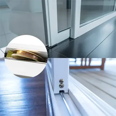 Close-up of high-quality sliding window and door roller system with precision hardware, ensuring smooth and quiet operation. Premium aluminum profiles by Yoverd Aluminium.
