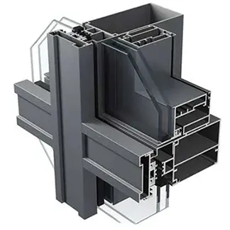 Unitized curtain wall aluminium profiles shown in a typical mullion, transom, and glazing cutaway detail