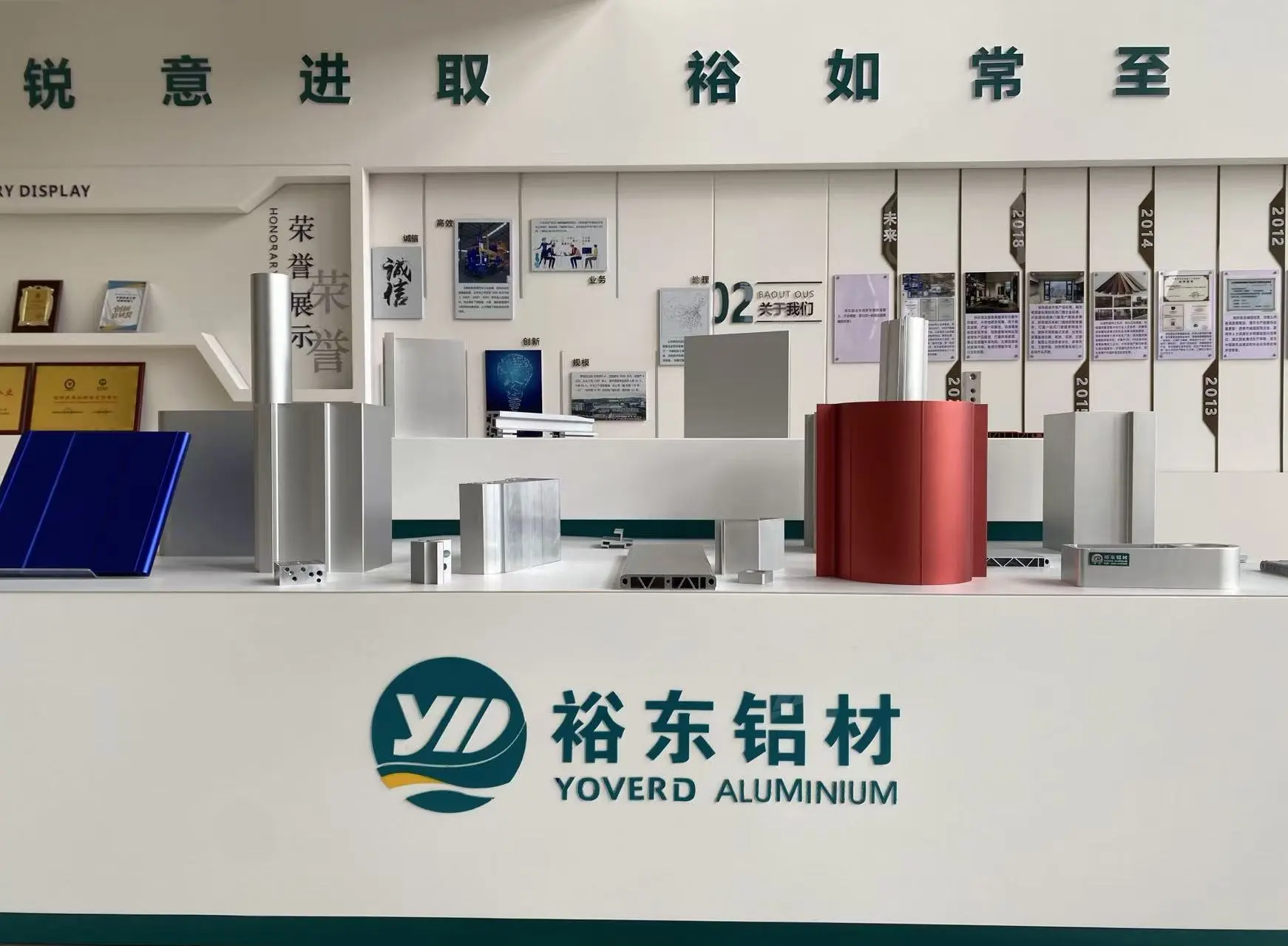 Yoverd Aluminum exhibition hall product display showcasing various aluminum profiles and alloy extrusions (silver profiles, red cylinder, blue panels, etc.), with company honor wall, About Us introduction, and timeline in the background, and YOVERD ALUMINIUM brand logo at the bottom