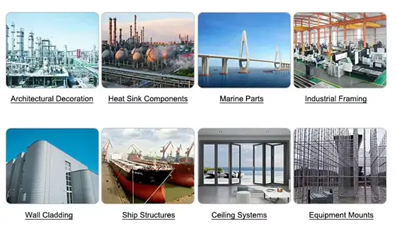 Applications of solid square aluminum bars by Yoverd Aluminium, collage showcasing real-world uses in architectural decoration, heat sink components, marine parts, industrial framing, wall cladding, ship structures, ceiling systems and equipment mounts for structural support, machining and industrial applications