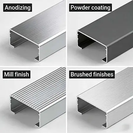 Surface finishing options for aluminum U profiles including anodizing, powder coating, mill finish and brushed finishes by Yoverd Aluminium