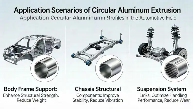 Automotive applications of circular aluminum extrusion profiles by Yoverd Aluminium: lightweight body frame support (enhancing structural strength and reducing weight), chassis structural components (improving stability and reducing vibration), and suspension system links (optimizing handling performance and reducing wear). Real-world vehicle examples with close-up views of precision circular aluminum tubes demonstrating high strength-to-weight ratio and advanced engineering.