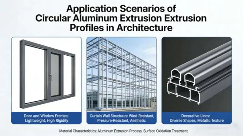 Construction applications of circular aluminum extrusion profiles by Yoverd Aluminium: modern door and window frames (lightweight with high rigidity), large-scale curtain wall structures (wind-resistant, pressure-resistant and aesthetic), and structural supports / decorative lines with diverse shapes and metallic texture. Real-world architectural examples demonstrating versatility, strength and elegant design.
