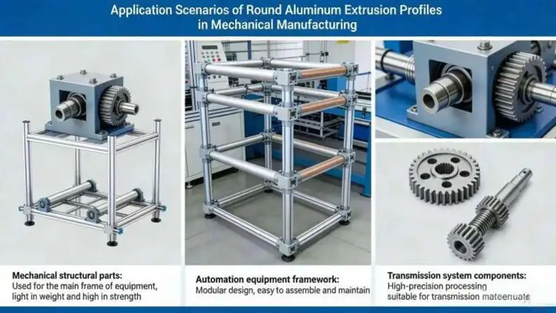 Industrial applications of circular aluminum extrusion profiles by Yoverd Aluminium in mechanical manufacturing: robust mechanical structural parts for equipment frames (lightweight yet high-strength), modular automation equipment frameworks for conveyors and machinery (easy assembly and maintenance), and high-precision transmission system components (gears and shafts). Real-world examples showcasing versatility, durability and structural integrity.