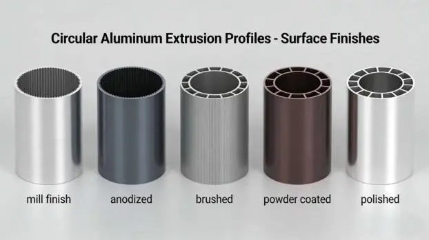 Surface finishes of circular aluminum extrusion profiles by Yoverd Aluminium – mill finish, anodized, brushed, powder coated, and polished. Five cylindrical samples displayed side by side showing different colors, textures, and protective coatings for enhanced corrosion resistance, durability, and aesthetics. Suitable for solid, hollow, and multi-cavity profiles in industrial and decorative applications.