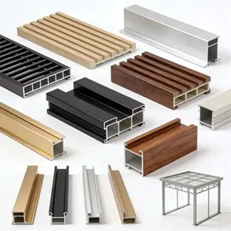 Variety of custom decorative aluminum profiles in wood grain, black, silver, gold and other finishes, used for modern building facades, interior walls, ceilings, partitions and architectural accents