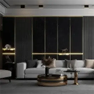 Real-world application of custom decorative aluminum profiles: modern luxury living room featuring dark aluminum wall panels with gold accents, white sofa, round coffee table and artistic accents, showcasing elegant and durable solutions for interior architecture