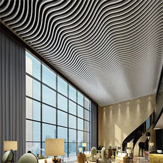 Real-world application of custom decorative aluminum profiles: modern luxury interior featuring elegant wavy aluminum ceiling panels, large floor-to-ceiling windows, contemporary furnishings and staircase, showcasing aesthetic and durable solutions for high-end architecture and interior design