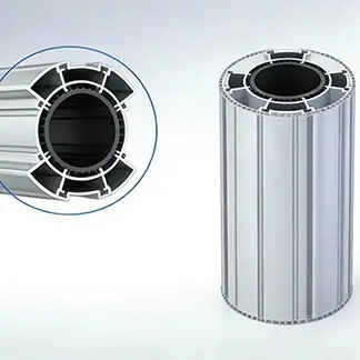Multi-cavity circular aluminum profiles by Yoverd Aluminium, featuring engineered lightweight design with complex internal cavities. Close-up cross-section view highlights precision multi-chamber structure alongside the external cylindrical profile. Ideal for automotive and advanced structural applications.