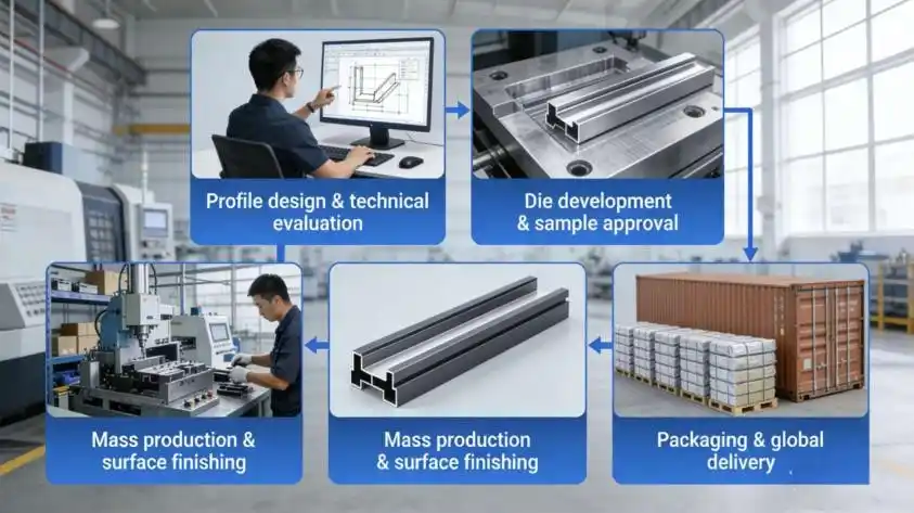 Flowchart in modern aluminum factory showing the full production process of structural architectural aluminum extrusion profiles: engineer at computer for Profile design & technical evaluation, close-up of extrusion die for Die development & sample approval, CNC machine and worker for Mass production & surface finishing, finished black aluminum profiles, and packaging with shipping container for Packaging & global delivery, connected by blue arrows.
