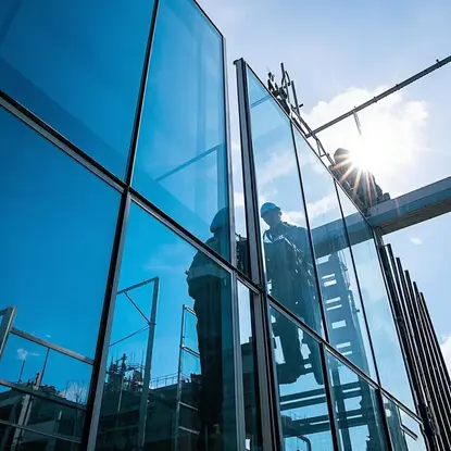 Professional on-site installation of high-performance unitized curtain wall aluminum profiles at a construction site, demonstrating efficient prefabricated facade solutions for high-rise office buildings, commercial complexes, hotels and landmark architectural projects. By Yoverd Aluminium