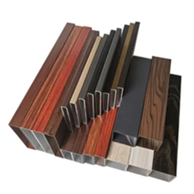 Various colors and surface finishes of lightweight high-strength corrosion-resistant aluminum rectangular tubes, including wood grain, black, silver and other decorative options. Extruded aluminum profiles manufactured by Yoverd Aluminium.