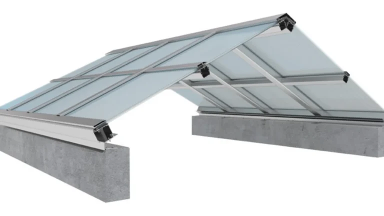 3D technical view of aluminum canopy and skylight structural profiles system mounted on concrete base, showing lightweight overhead framework designed for glass panels - By Yoverd Aluminium