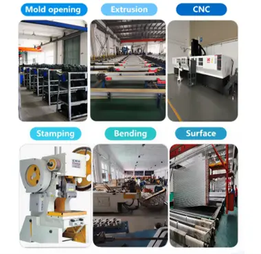 Aluminum extrusion production process overview showing Mold opening, Extrusion, CNC machining, Stamping, Bending and Surface treatment stages in our factory, full customization capabilities for rectangular aluminum profiles by Yoverd Aluminium