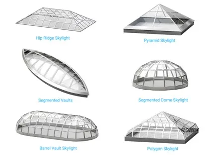 Different customization options for aluminum canopy and skylight structural profiles including Hip Ridge Skylight, Pyramid Skylight, Segmented Vaults, Segmented Dome Skylight, Barrel Vault Skylight and Polygon Skylight - By Yoverd Aluminium