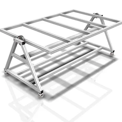 Heavy-duty silver aluminum profile frame structure designed for high-strength industrial machine bases with robust support legs and modular construction by Yoverd Aluminium.