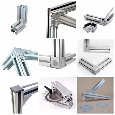 Collage of various heavy-duty aluminum profile joints, corner brackets, hinges and connectors designed for strong modular assembly in high-strength industrial machine frame systems by Yoverd Aluminium.