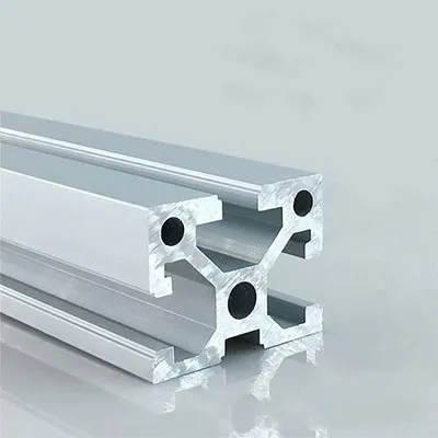Close-up view of silver precision aluminum profile showing detailed T-slot and hollow structure for high-accuracy equipment frame systems by Yoverd Aluminium
