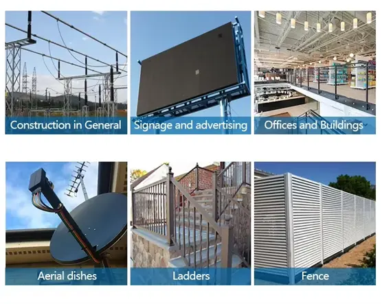 Wide range of applications for standard rectangular aluminum extrusion profiles including construction, signage & advertising, offices & buildings, aerial dishes, ladders, and fencing projects. Versatile structural aluminum solutions by Yoverd Aluminium