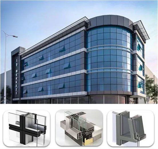 Modern commercial building featuring structural glazing aluminum curtain wall system with hidden frame glass facade - By Yoverd Aluminium