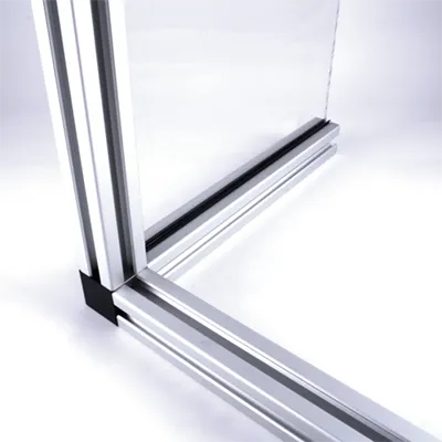 Clean and precise T-slot aluminum extrusion profile corner joint with transparent panel installed, demonstrating modular frame construction and elegant assembly By Yoverd Aluminium