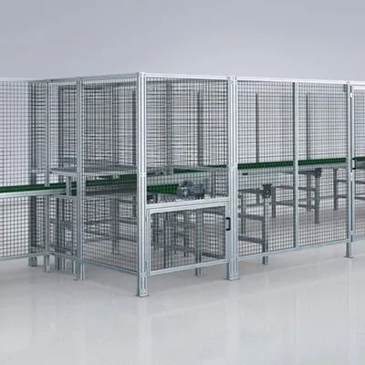 Modern aluminum extrusion profiles forming robust safety fence and partition systems for industrial area separation and worker protection, featuring modular frames with wire mesh panels by Yoverd Aluminium.