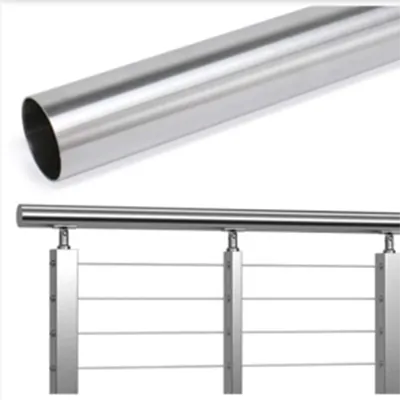 Top section shows a polished round aluminum railing profile while the bottom displays a fully assembled railing with horizontal cables and vertical posts, suitable for commercial and public infrastructure by Yoverd Aluminium.