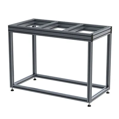 Industrial three-compartment metal enclosure frame with aluminum extrusion profiles, sturdy steel support structure and adjustable feet for equipment protection and integrated systems by Yoverd Aluminium.