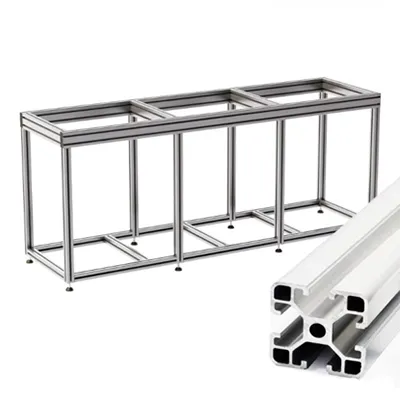 Industrial aluminum extrusion profiles with sturdy three-compartment metal enclosure frame, welded steel support structure and adjustable feet for equipment protection and integrated systems by Yoverd Aluminium.