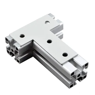 Industrial aluminum extrusion L-shaped connector with precise cross-section and mounting holes for assembling sturdy enclosure frames used in equipment protection and integrated systems by Yoverd Aluminium.