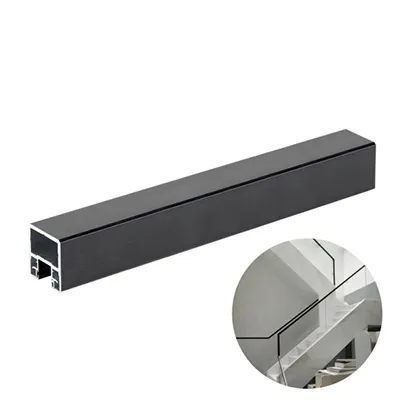 High-quality black aluminum stair railing profile with modern design and inset installation detail, shown with actual staircase application, by Yoverd Aluminium