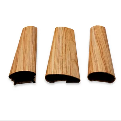Three premium aluminum stair railing handrail profiles featuring realistic wood grain finish and ergonomic curved design for modern staircase applications, by Yoverd Aluminium