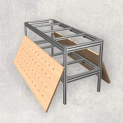 High strength aluminum profiles assembled into a durable custom workstation and assembly table frame with wooden panels, showcasing modular industrial design by Yoverd Aluminium.