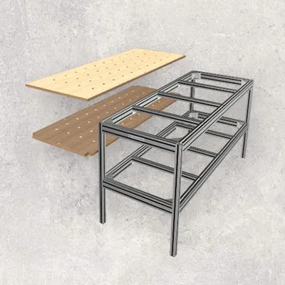 High strength aluminum profiles forming a sturdy modular frame for custom workstation and assembly table, displayed with separate wooden worktop panels on concrete background by Yoverd Aluminium.
