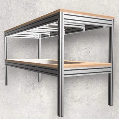 High strength aluminum profiles built into a complete custom workstation and assembly table featuring a wooden worktop and lower shelf, demonstrating sturdy modular industrial design by Yoverd Aluminium.