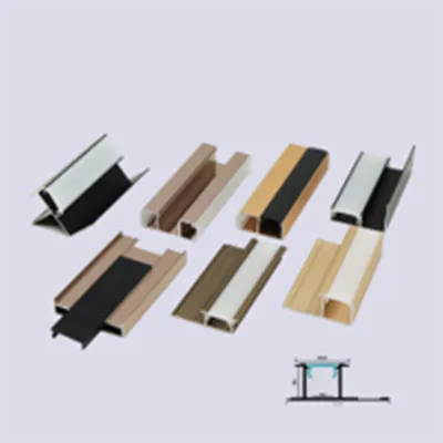 Variety of modern decorative aluminum profiles in different shapes, colors and combinations including wood-look and metallic finishes displayed with a technical cross-section diagram for architectural interior applications by Yoverd Aluminium.
