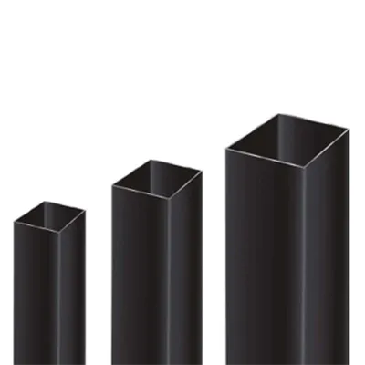 Three sleek black square aluminum railing profiles of varying sizes standing upright against a clean white background for modern residential and commercial privacy solutions by Yoverd Aluminium.