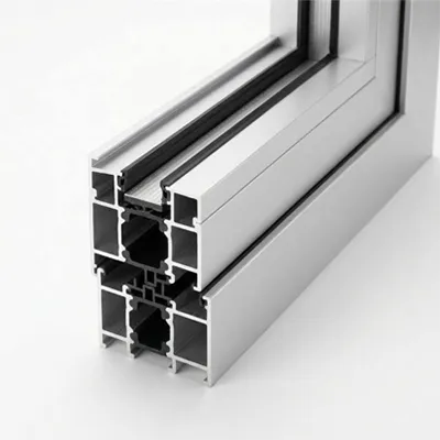 Detailed close-up of customized silver aluminum thermal break curtain wall profiles with black polyamide insulation strips designed for energy-efficient modern building facades by Yoverd Aluminium.