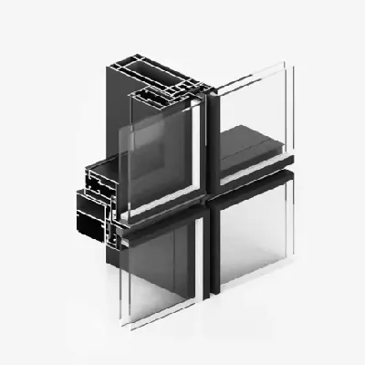 Isometric 3D view of customized thermal break aluminum curtain wall profiles integrated with glass panels showcasing structural strength and thermal insulation for high-rise building facades by Yoverd Aluminium.