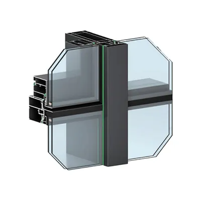 3D rendering of customized thermal break curtain wall system with angled glass panels and robust aluminum mullion profiles demonstrating architectural versatility and energy efficiency by Yoverd Aluminium.
