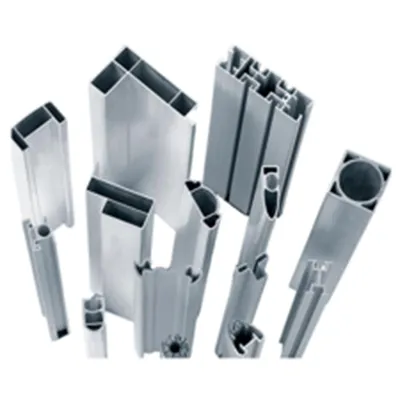 Collection of silver custom decorative aluminum extrusion profiles with various complex hollow and channel cross sections displayed for architectural and industrial uses by Yoverd Aluminium.