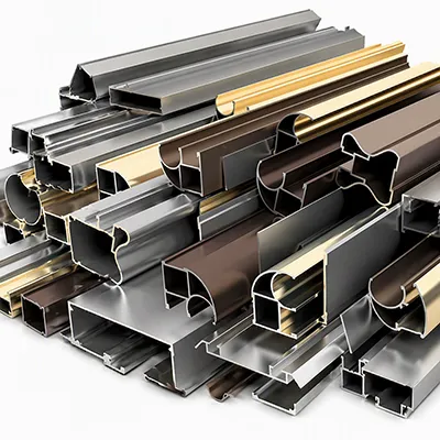 Close-up view of stacked custom decorative aluminum extrusion profiles in multiple metallic finishes including silver gold and brown with diverse shapes for architectural and industrial applications by Yoverd Aluminium.